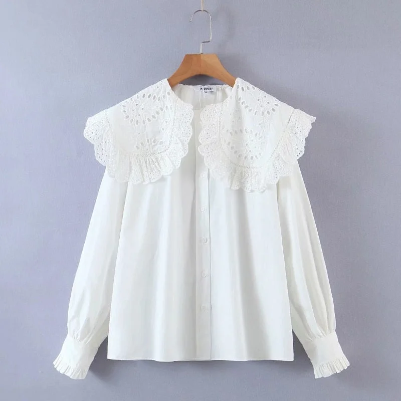 Women Hollow Embroidery Turndown Collar White Shirts Female Long Sleeve Blouses Casual Lady Loose Tops Blusas S8277