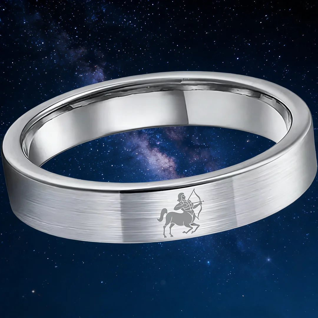 Sliver Tungsten Carbide Rings Flat Sagittarius Wedding Band Flat Top Comfort Fit 4MM 6MM 8MM