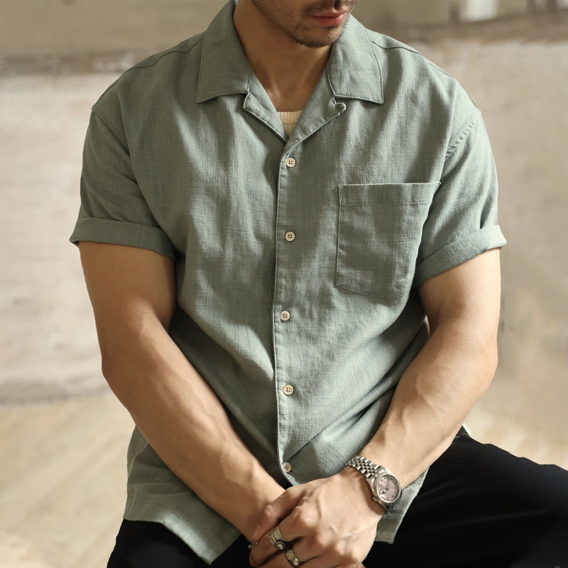 Men’s Linen Short Sleeve Cuban Collar Green Shirt