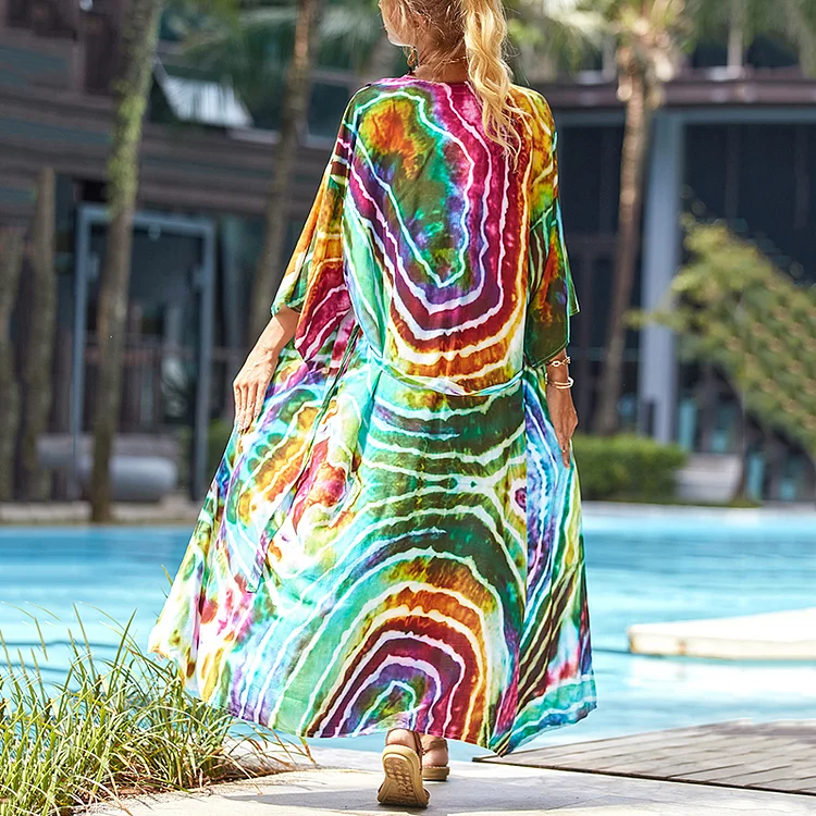 VChics Beach Resort Style Tie Dyed Rainbow Kimono