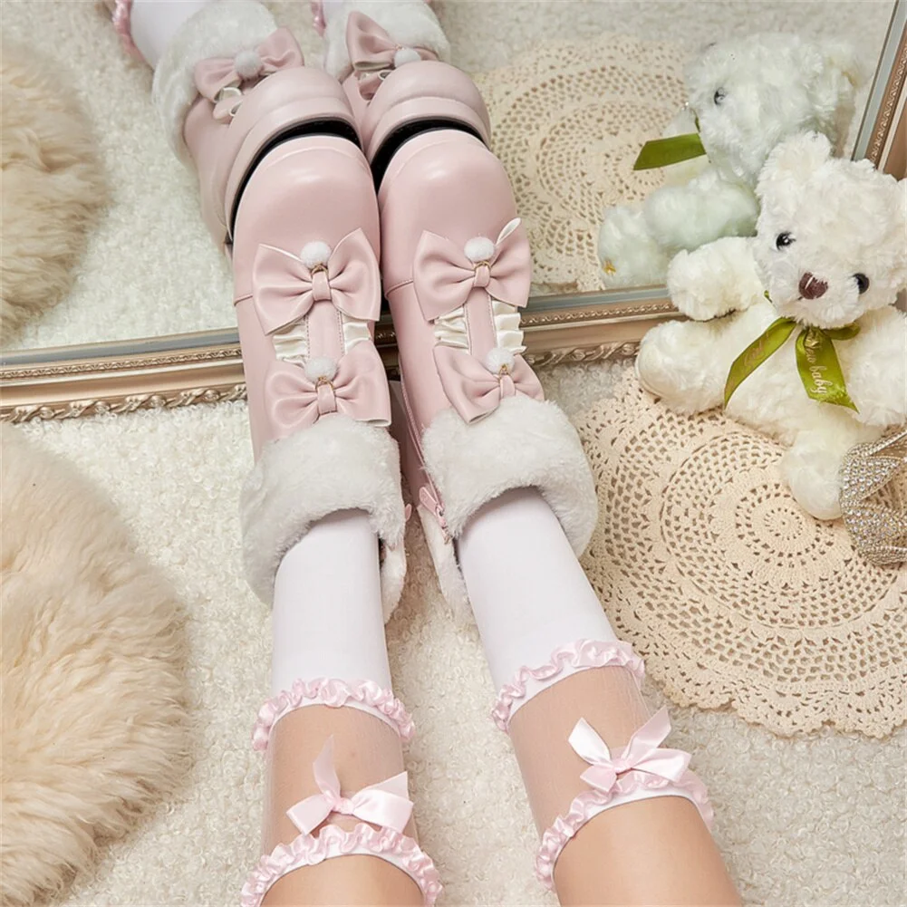 Black/Pink/White Warm Plush Sweet Winter Boots Cute Bowknot Platform High Heels BE507