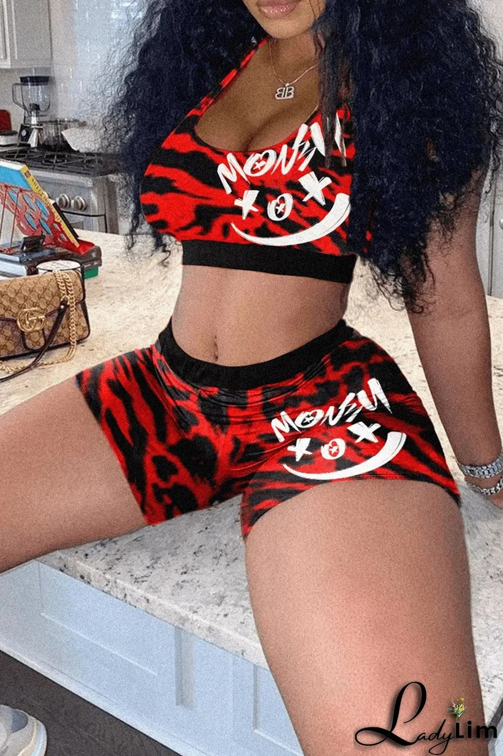 Red Fashion Casual Sportswear Print Basic U Neck Sleeveless Two Pieces