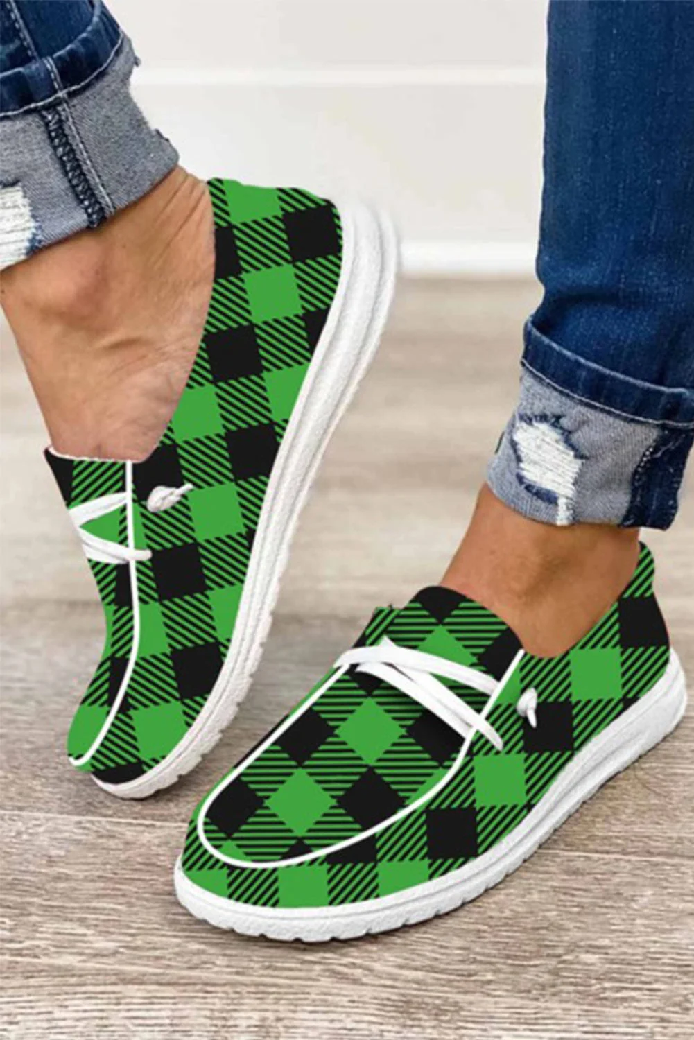 Green Plaid Casual Flats