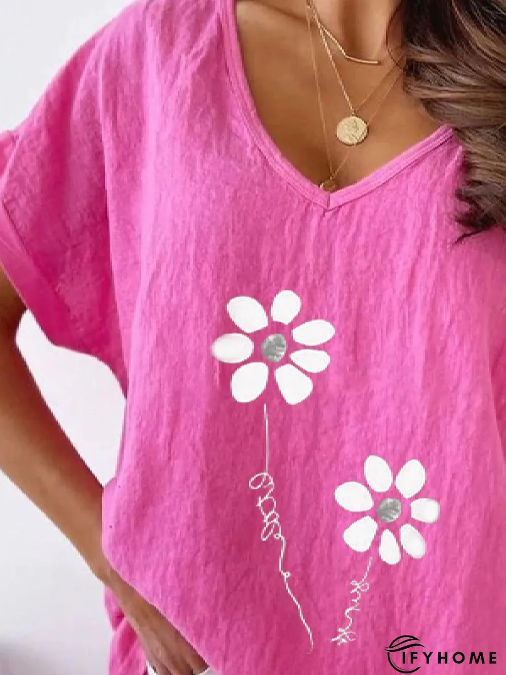 Casual Floral V Neck Loosen Short Sleeve Top | IFYHOME