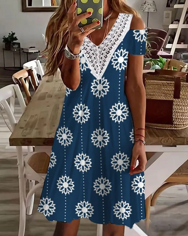 Sexy V-Neck Loose Printed Lace Off-the-Shoulder Dress
