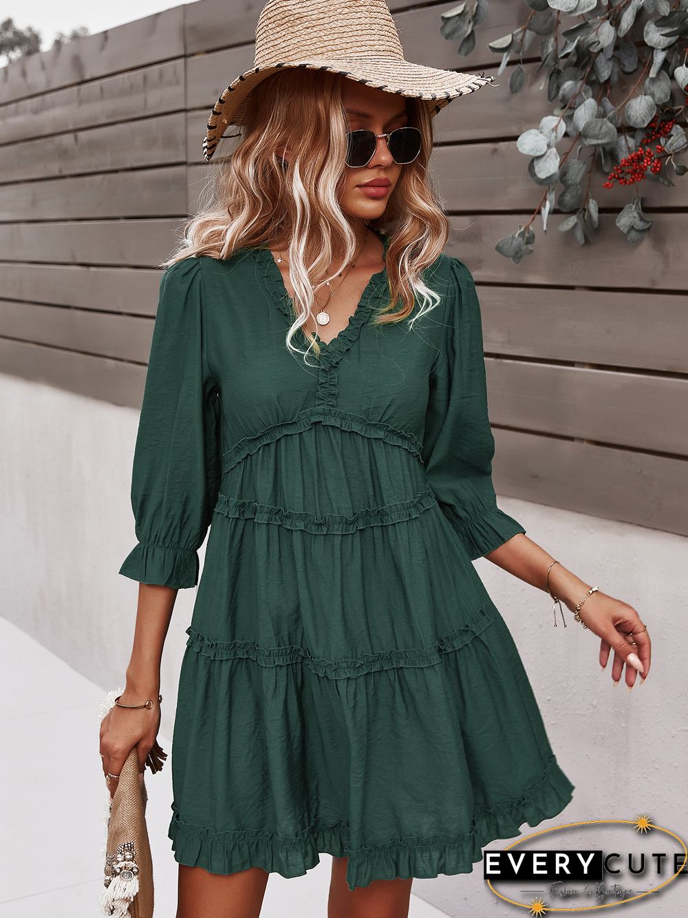 Green V Neck Ruffle Mini Dress
