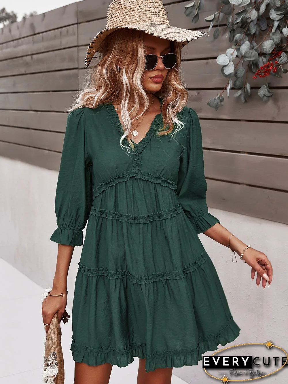 Green V Neck Ruffle Mini Dress