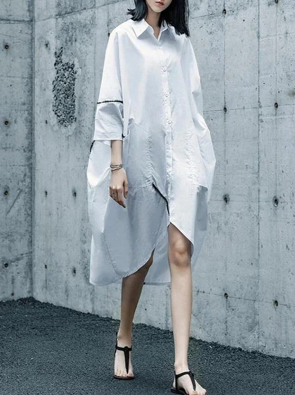 Chic white Cotton tunics for women lapel asymmetric daily shirt Dresses