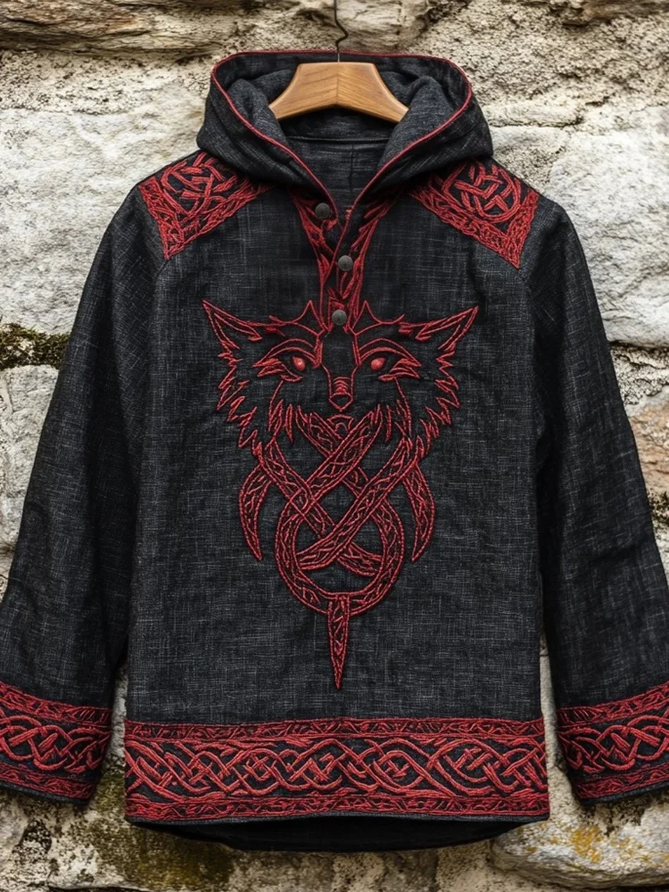 Men's Viking Wolf Embroidered Vintage Linen Hooded Shirt