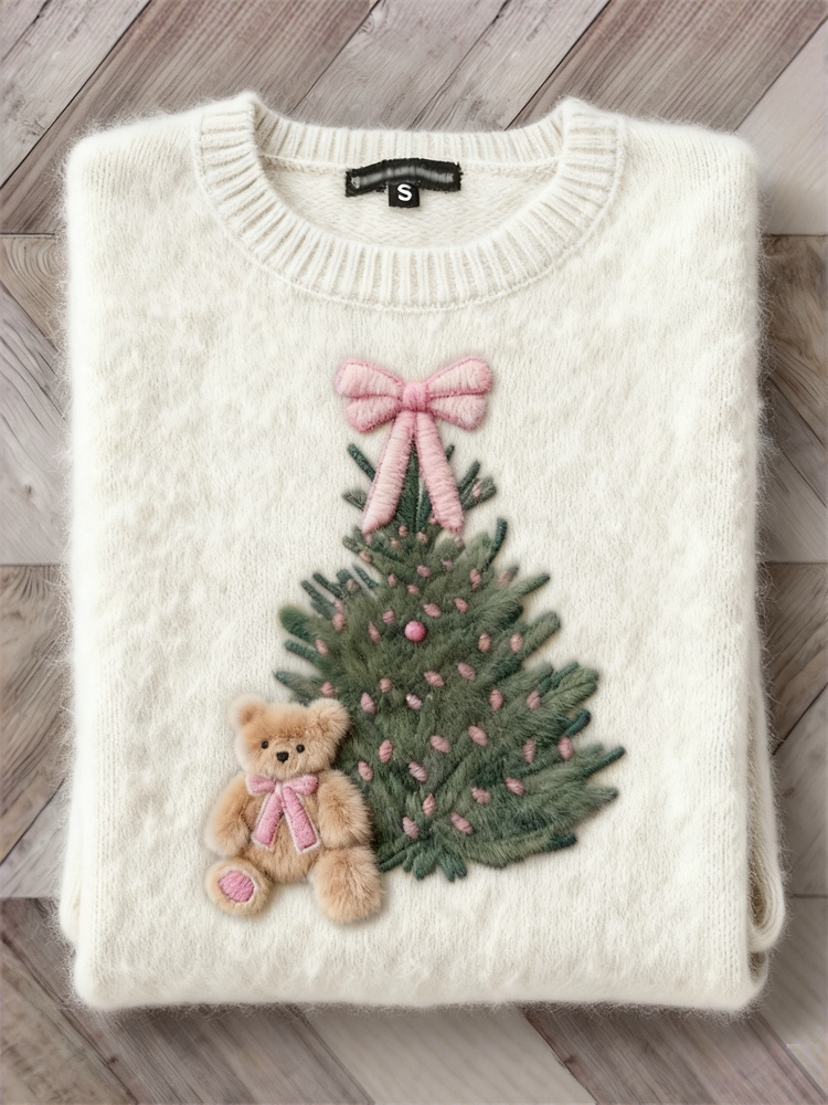 Comstylish Fuzzy Bear & Christmas Tree With Pink Bow Knot Cozy Sweater