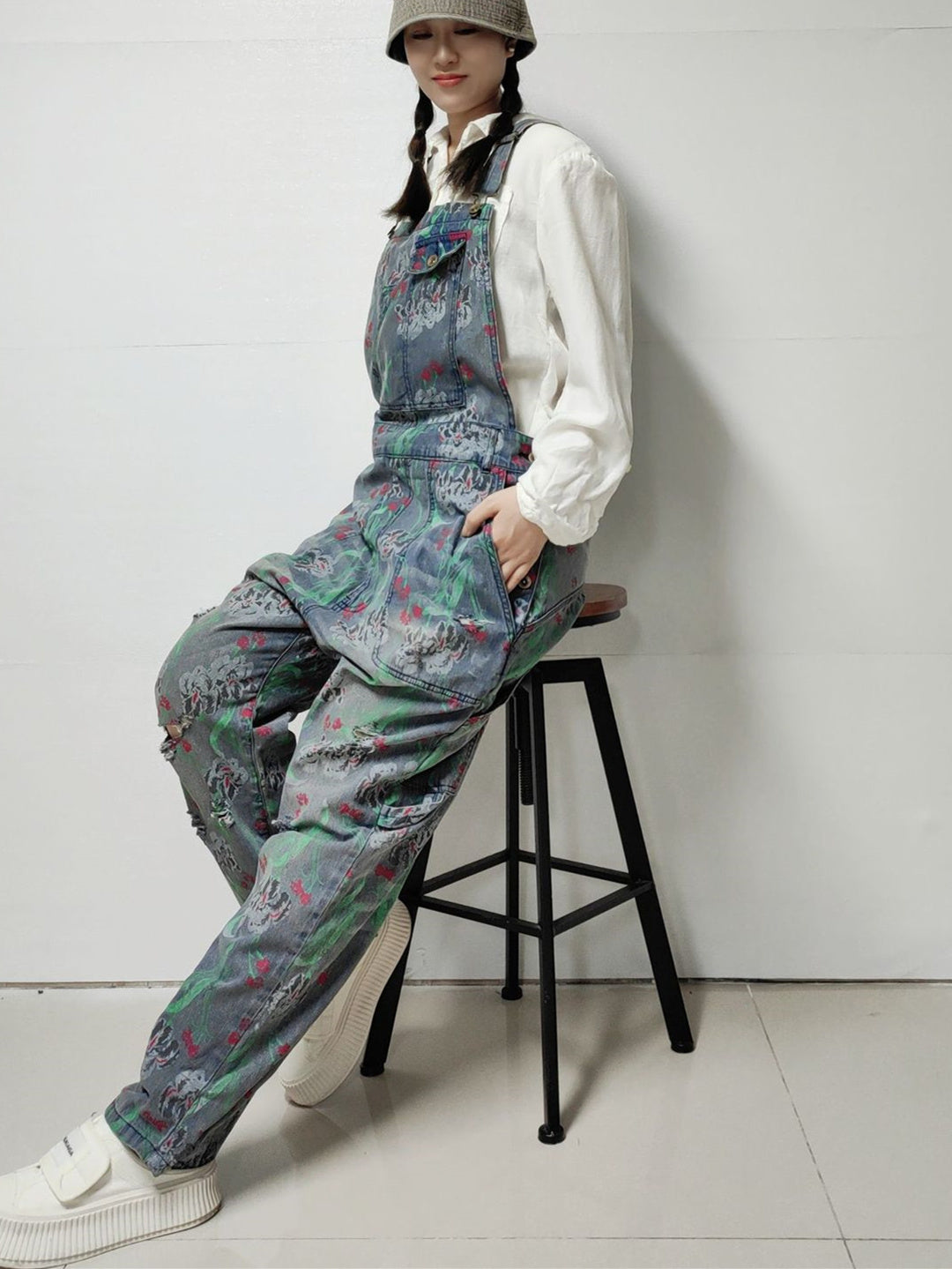Women's Floral Printed Gradient Casual Retro Wide-leg Workwear Denim Overalls Jumpsuit