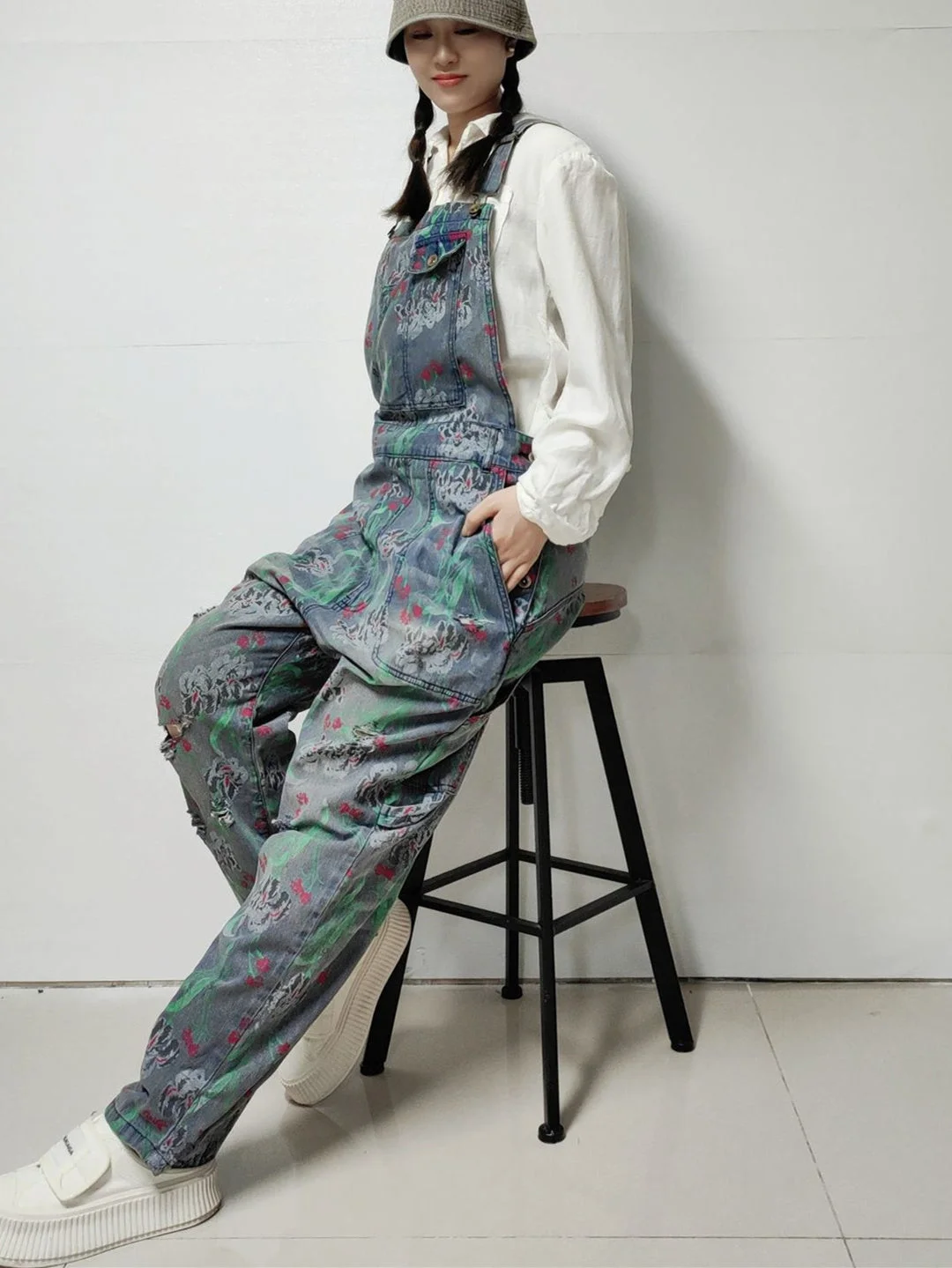 Women's Floral Printed Gradient Casual Retro Wide-leg Workwear Denim Overalls Jumpsuit