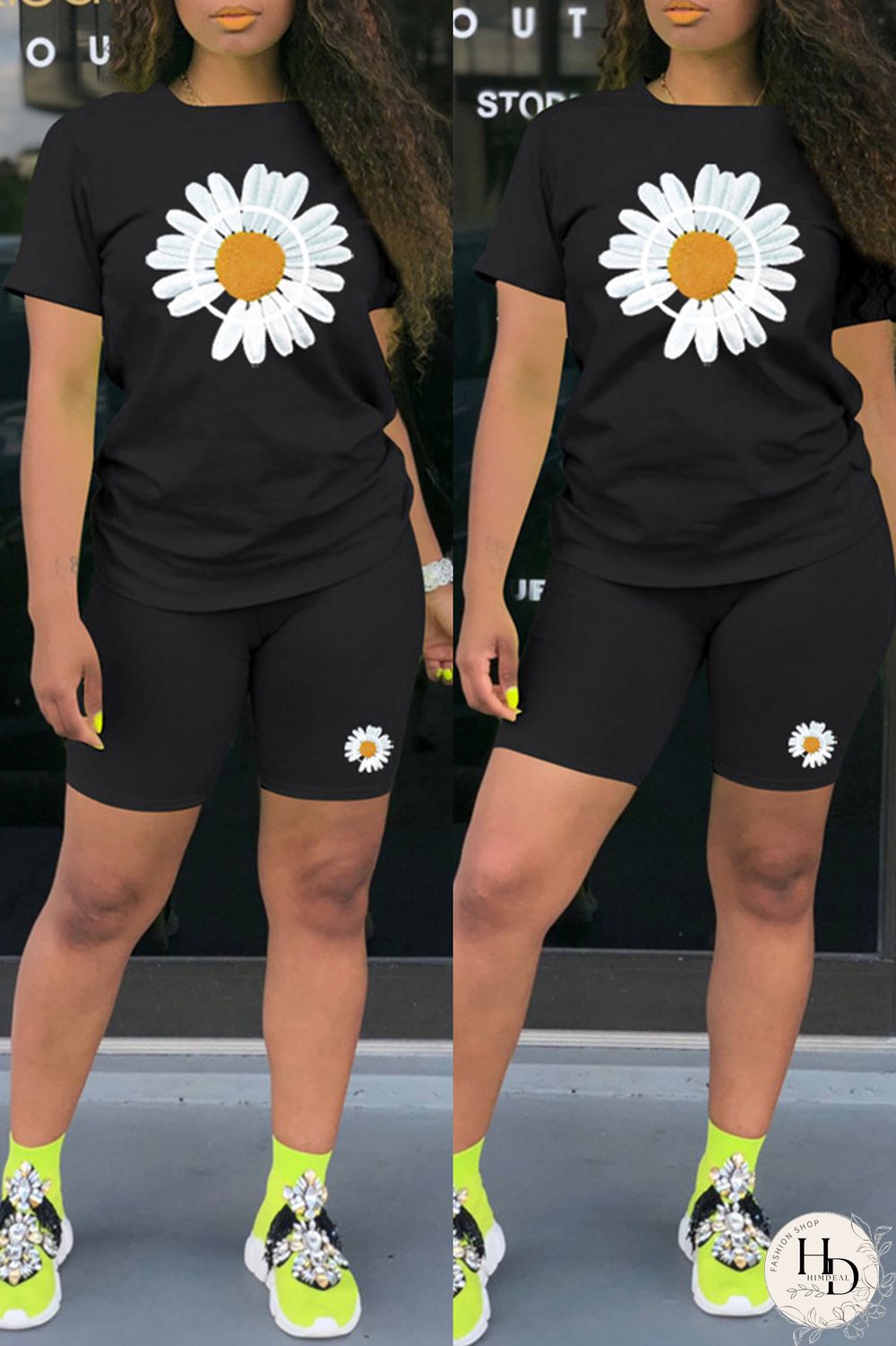 Black Fashion Casual Print Basic O Neck Short Sleeve Two Pieces