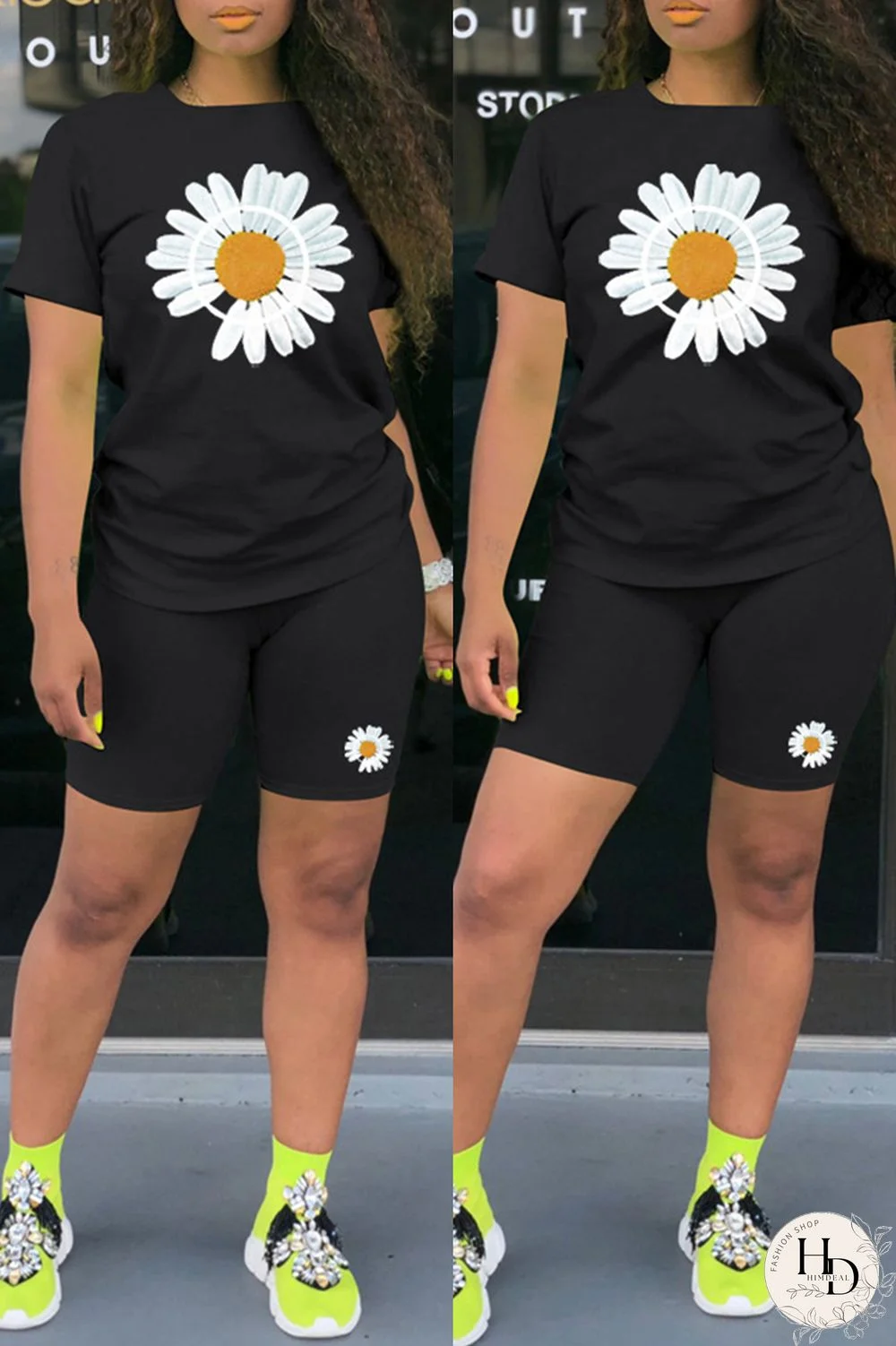 Black Fashion Casual Print Basic O Neck Short Sleeve Two Pieces