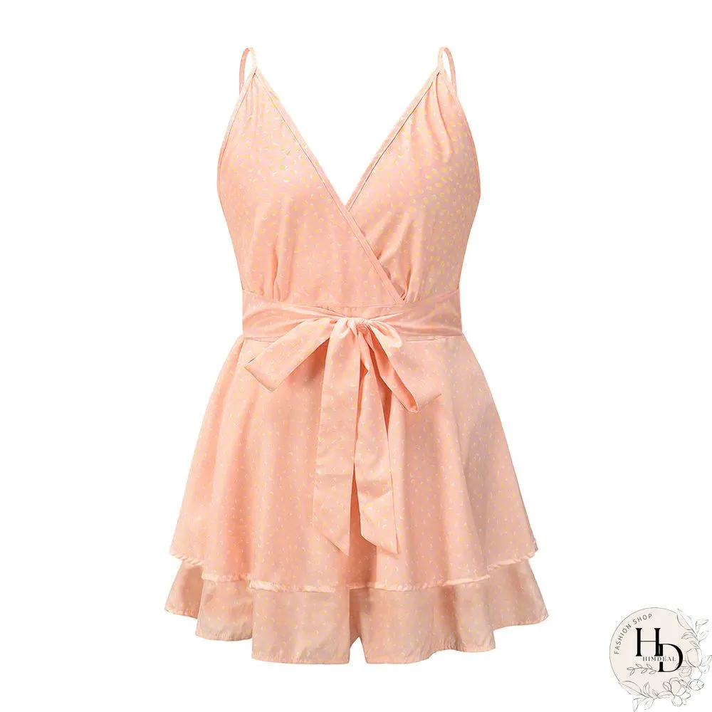 Deep V Neck Spaghetti Strap Backless Waist Tie Mini Dress