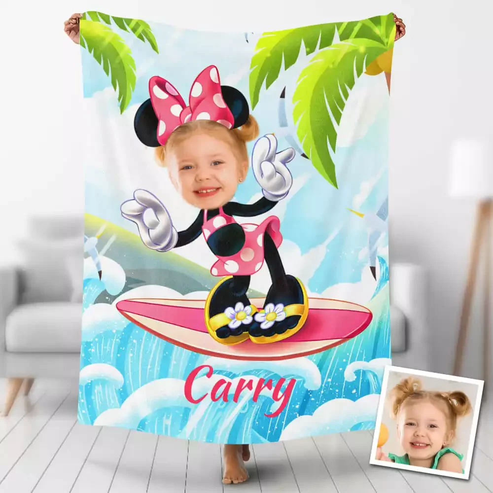 Personalized Custom Gift Blanket, Custom Photo Blankets Personalized Photo Blanket Surfing Minnie Girl Blanket