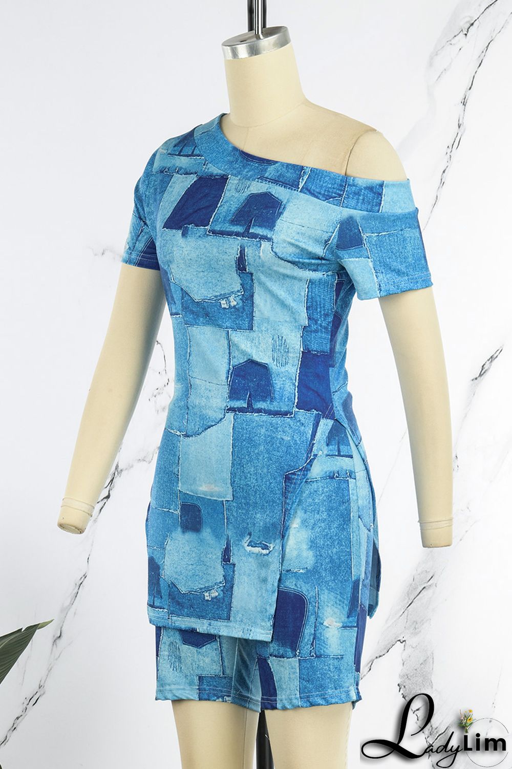 Black Casual Print Slit Oblique Collar Short Sleeve Two Pieces