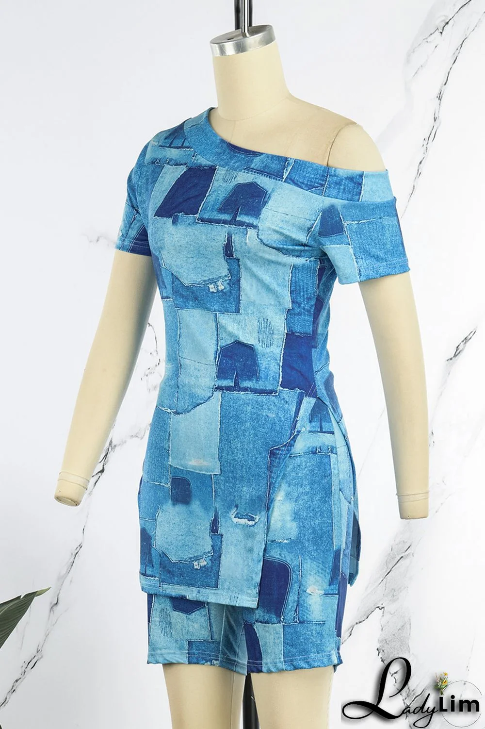 Black Casual Print Slit Oblique Collar Short Sleeve Two Pieces