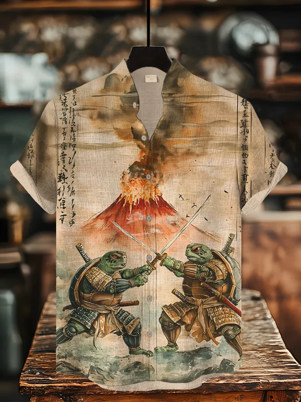 Men's Retro Calligraphy Art Two Turtle Warriors Volcanic Eruption Print Short Sleeve Shirt