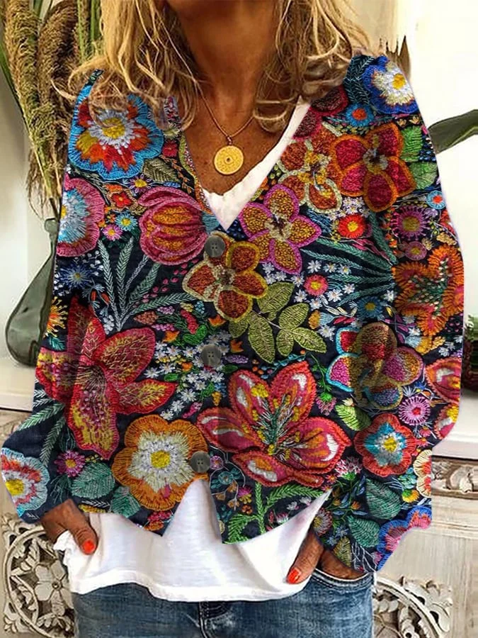 Women's Knitted Floral Print Plush Cardigan