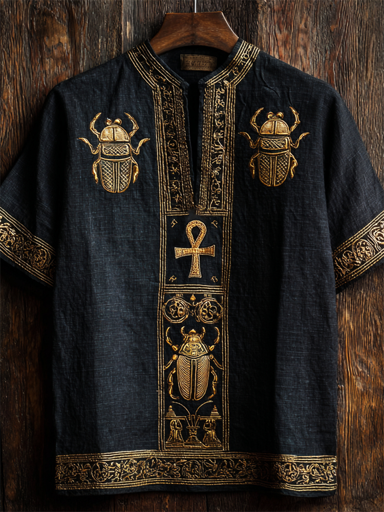 Ankh & Scarab Beetle Ancient Egyptian Embroidered Linen Shirt