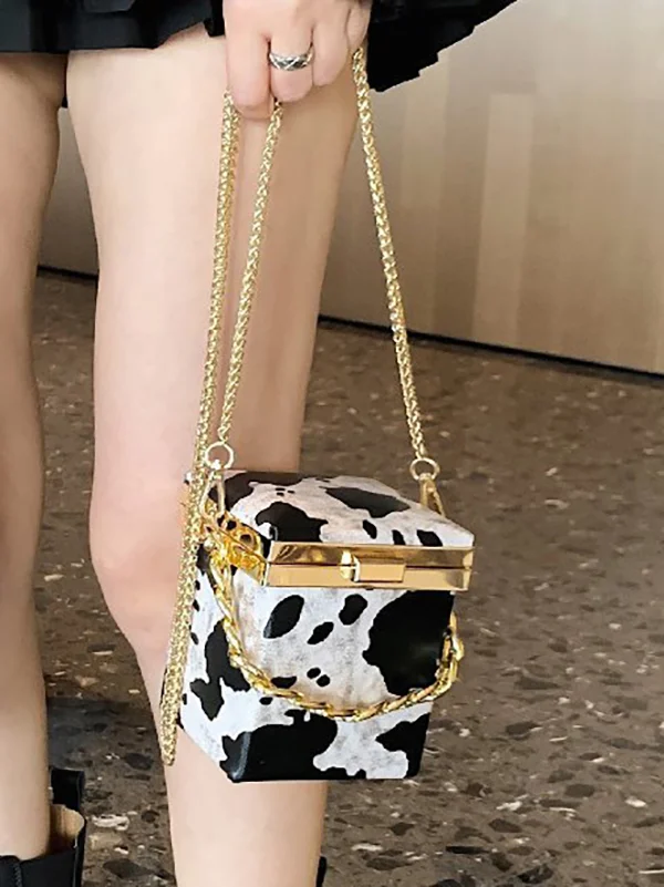 Chains Cow Printed Crossbody Bags
