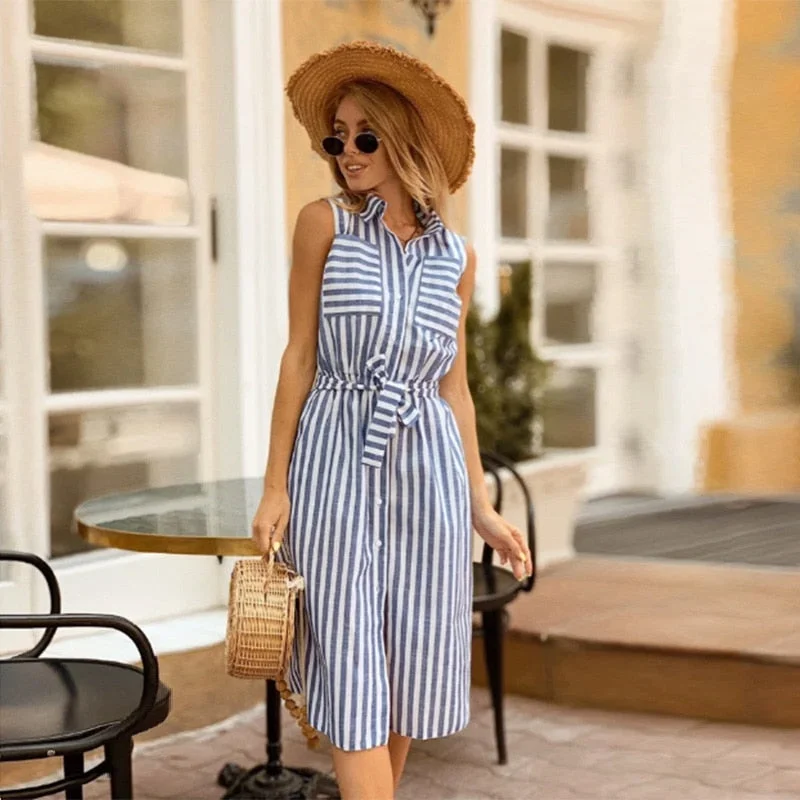 CHURSES Women mid dress straight khaki blue turn-down collar sleeveless 2021 new fashion beach style sexy summer dress