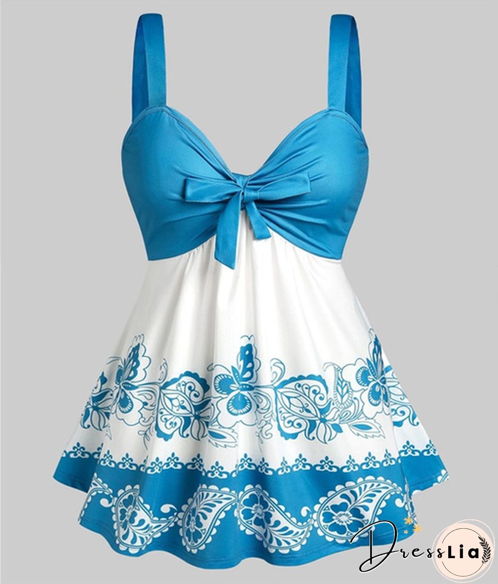 Women Fashion Plus Size Paisley Floral Print Front Tie Tank Top Summer Casual V Neck Sleeveless Tees Loose Empire Waist Curved Hem Camis Vest