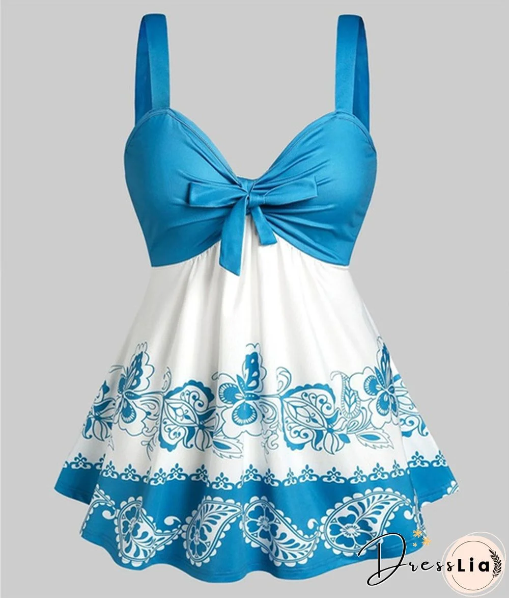 Women Fashion Plus Size Paisley Floral Print Front Tie Tank Top Summer Casual V Neck Sleeveless Tees Loose Empire Waist Curved Hem Camis Vest