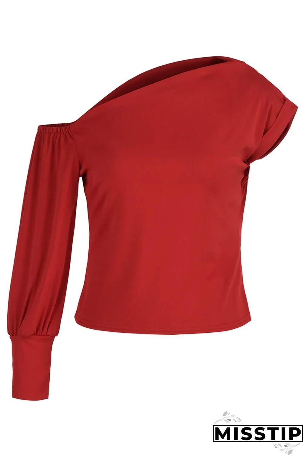 Red Fashion Casual Solid Patchwork Asymmetrical Oblique Collar Tops
