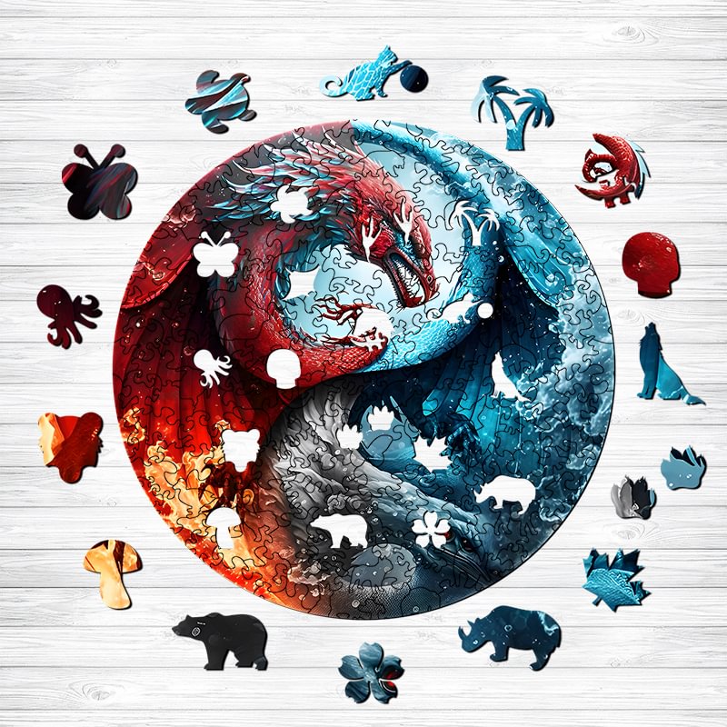 Jeffpuzzle™-Jeffpuzzle™Courageous Red And Blue Dragon Yinyang Wooden Jigsaw Puzzle