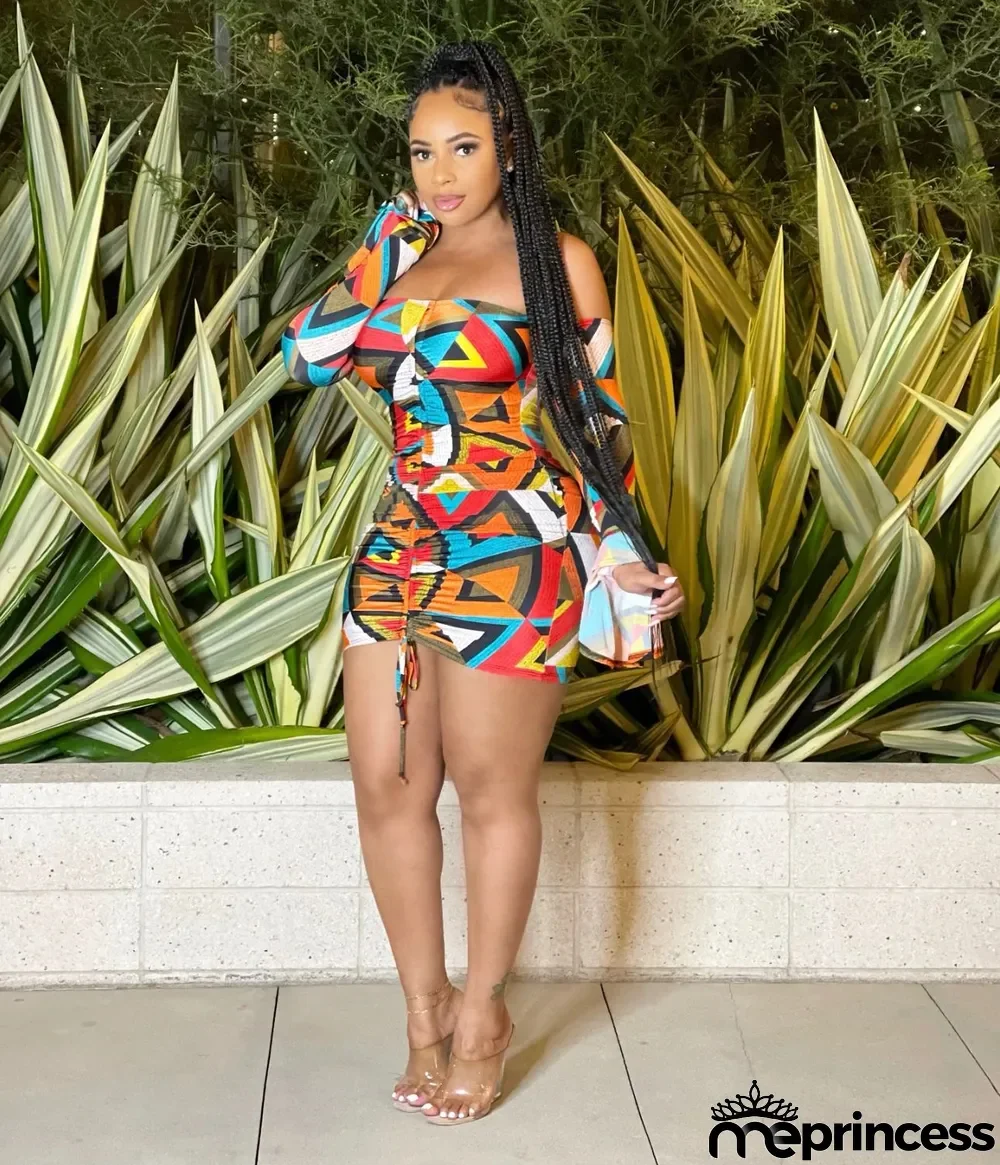 Plus Size Geometric Print Drawstring Mini Dress