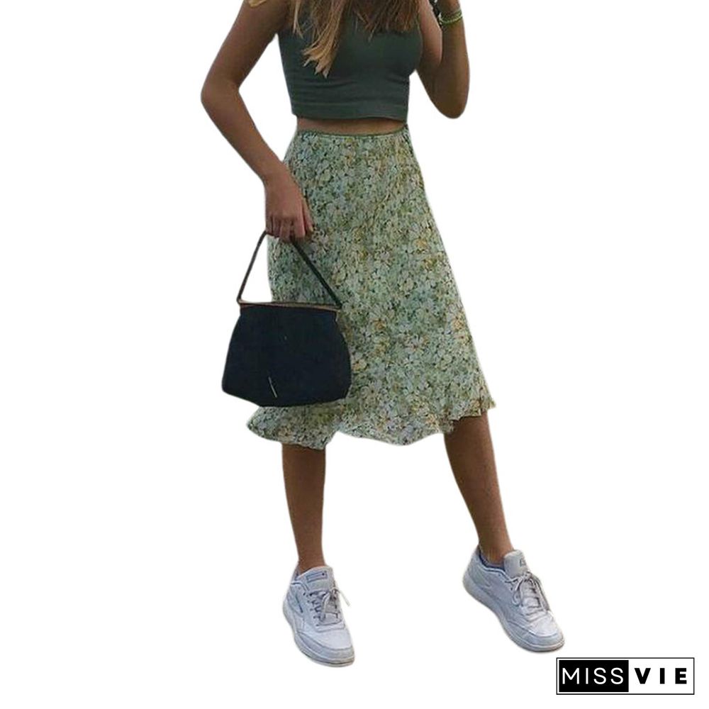 Women Summer Midi Skirts Boho Y2K Stylish Package Hip Bottoms Ladies High Waist Floral Skirt E-girl Harajuku Streetwear