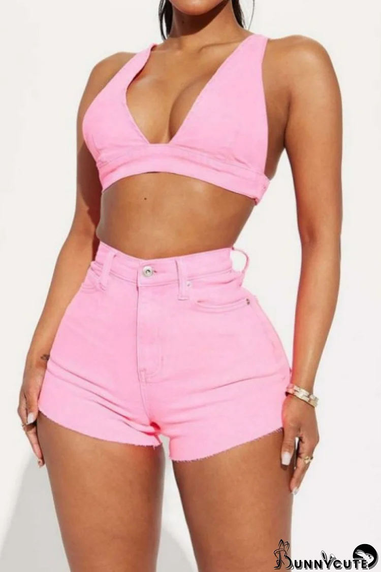 Pink Sexy Casual Solid Patchwork Backless V Neck Sleeveless Two Pieces