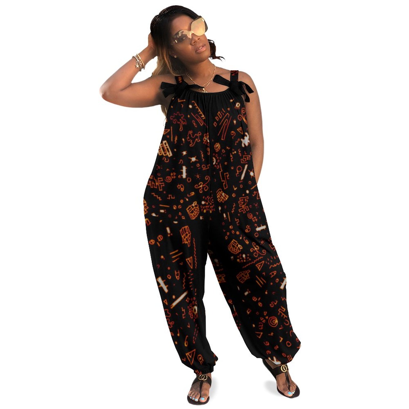 Artsy Orange Black Plus Size Women Rompers Summer Casual Loose Terry Cloth Jumpsuits Boho Style Pockets Natural Waist Polyester Spandex