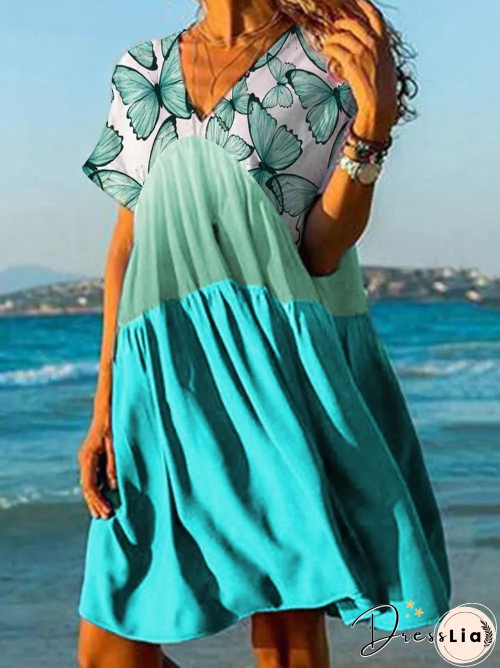 Women'S Dresses Butterfly Print V-Neck Short Sleeve Dress