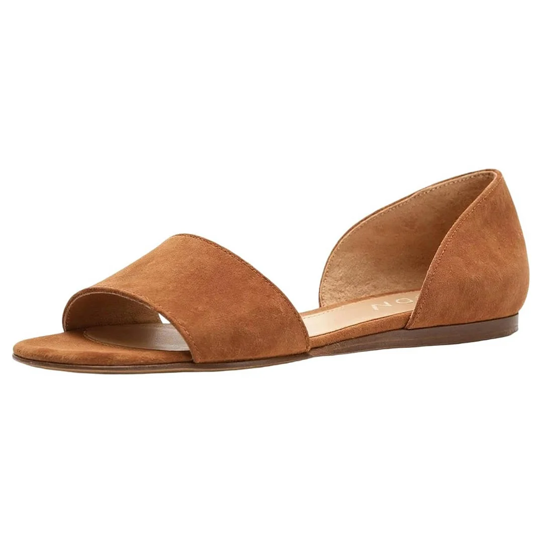 Comfy Round Toe Brown Slip On D'Orsay Flat Sandals for Women