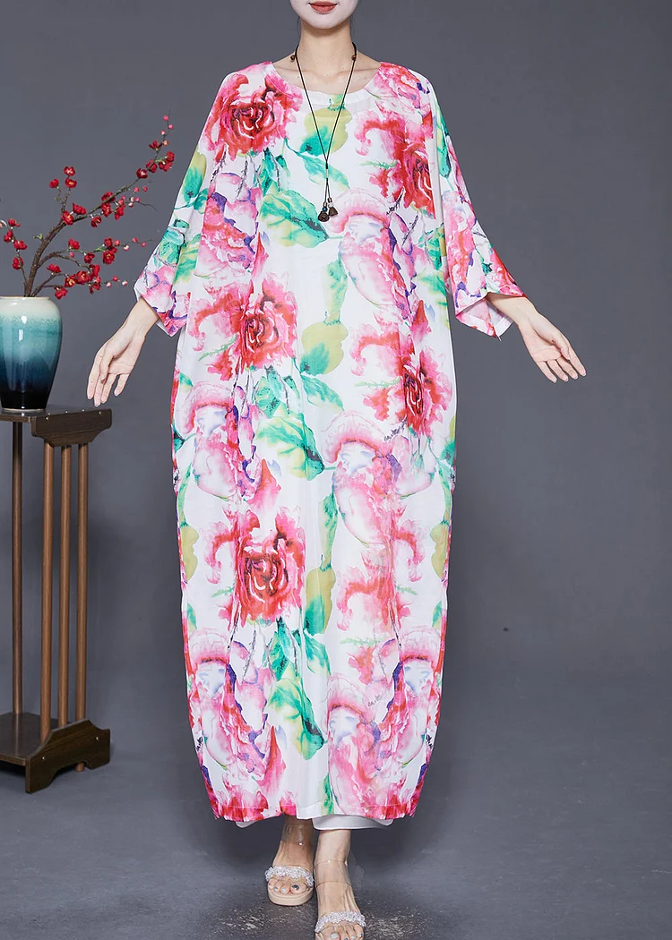 Plus Size Pink Oversized Floral Print Cotton Dress Batwing Sleeve