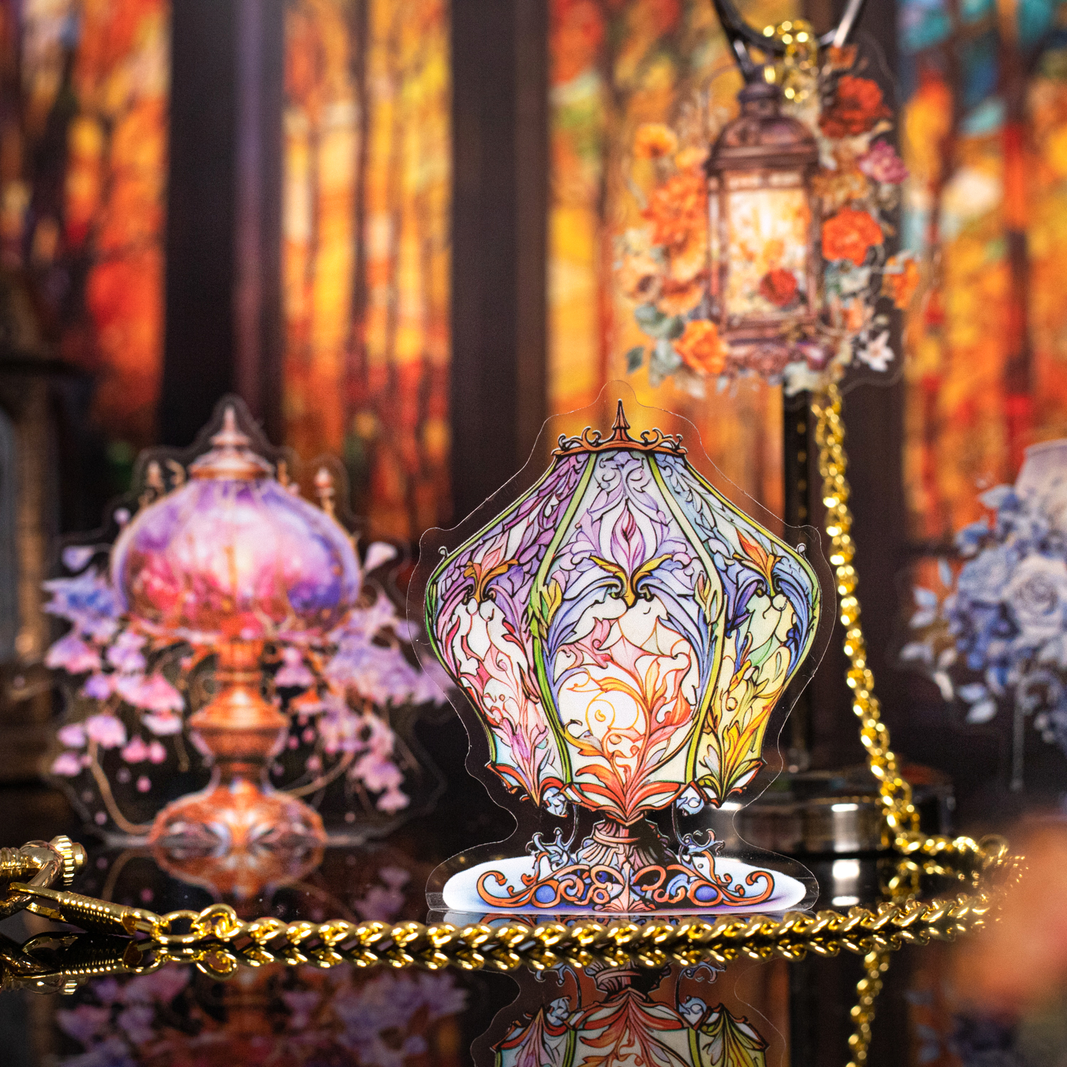 PET 스티커 - 밤과 별 시리즈 빈티지 책상 램프 꽃 풍경