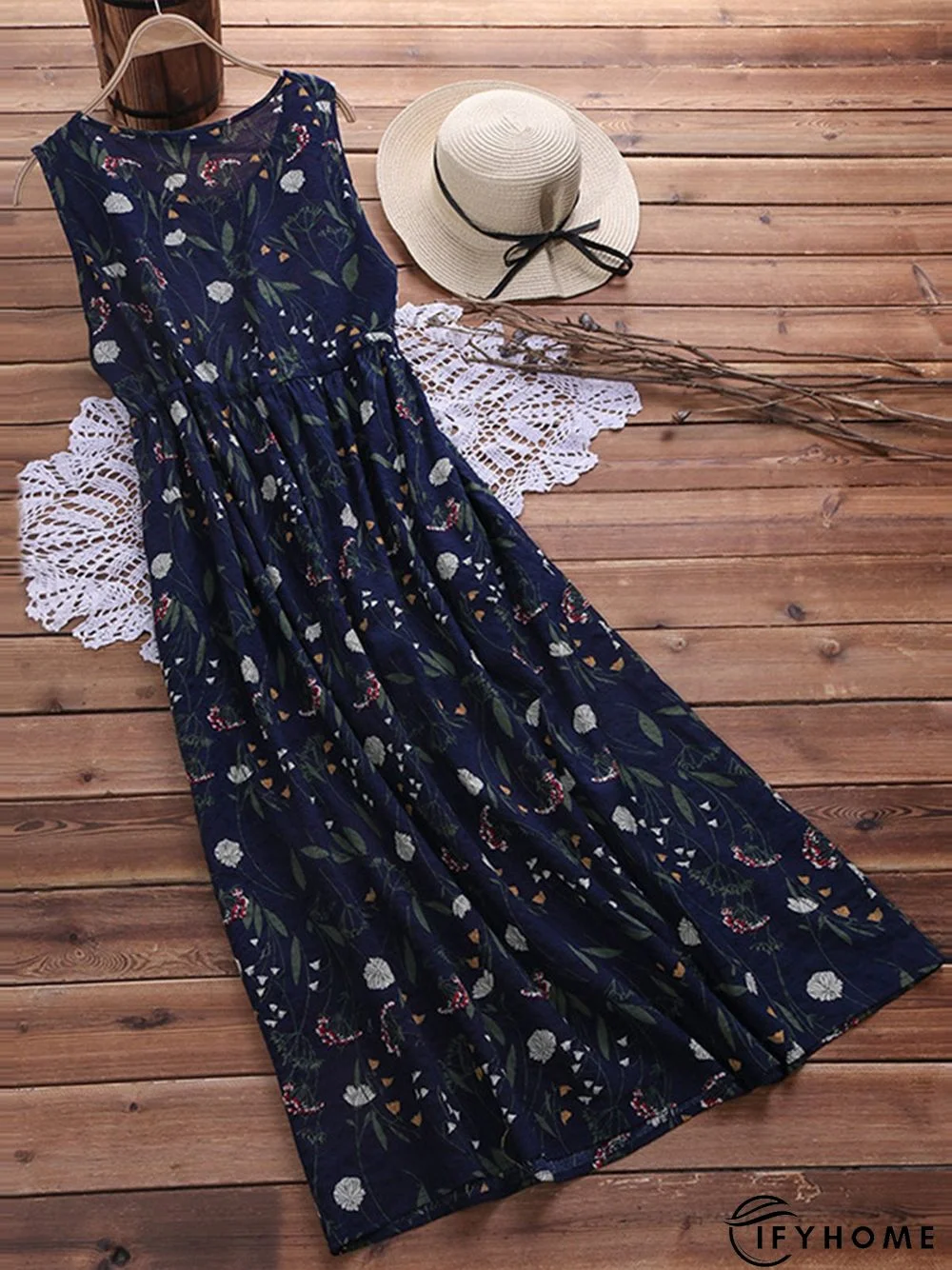 Women Summer Sleeveless Vintage Floral Midi Women Dress | IFYHOME