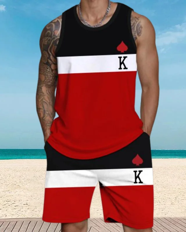 Men's casual vacation color block printed vest Set 041
