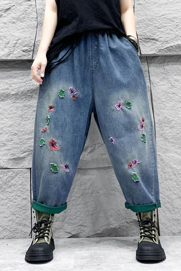 Ethnic Style Ripped Distressed Washed Denim Loose Harem Pants