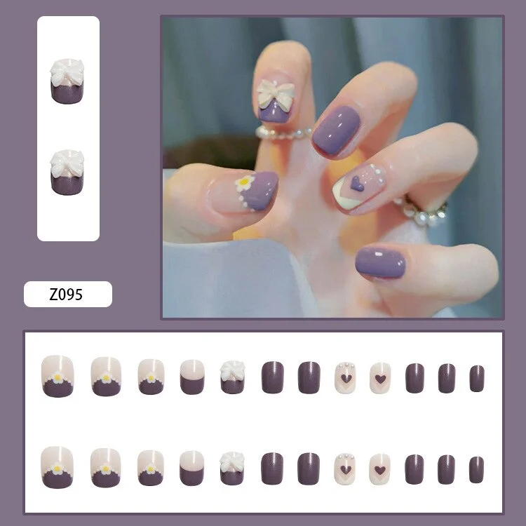 Detachable Butterfly Acrylic SHort Round False Nails With Glue Japanese and Korean Cute Glitter Full Cover Press On Nail Tips