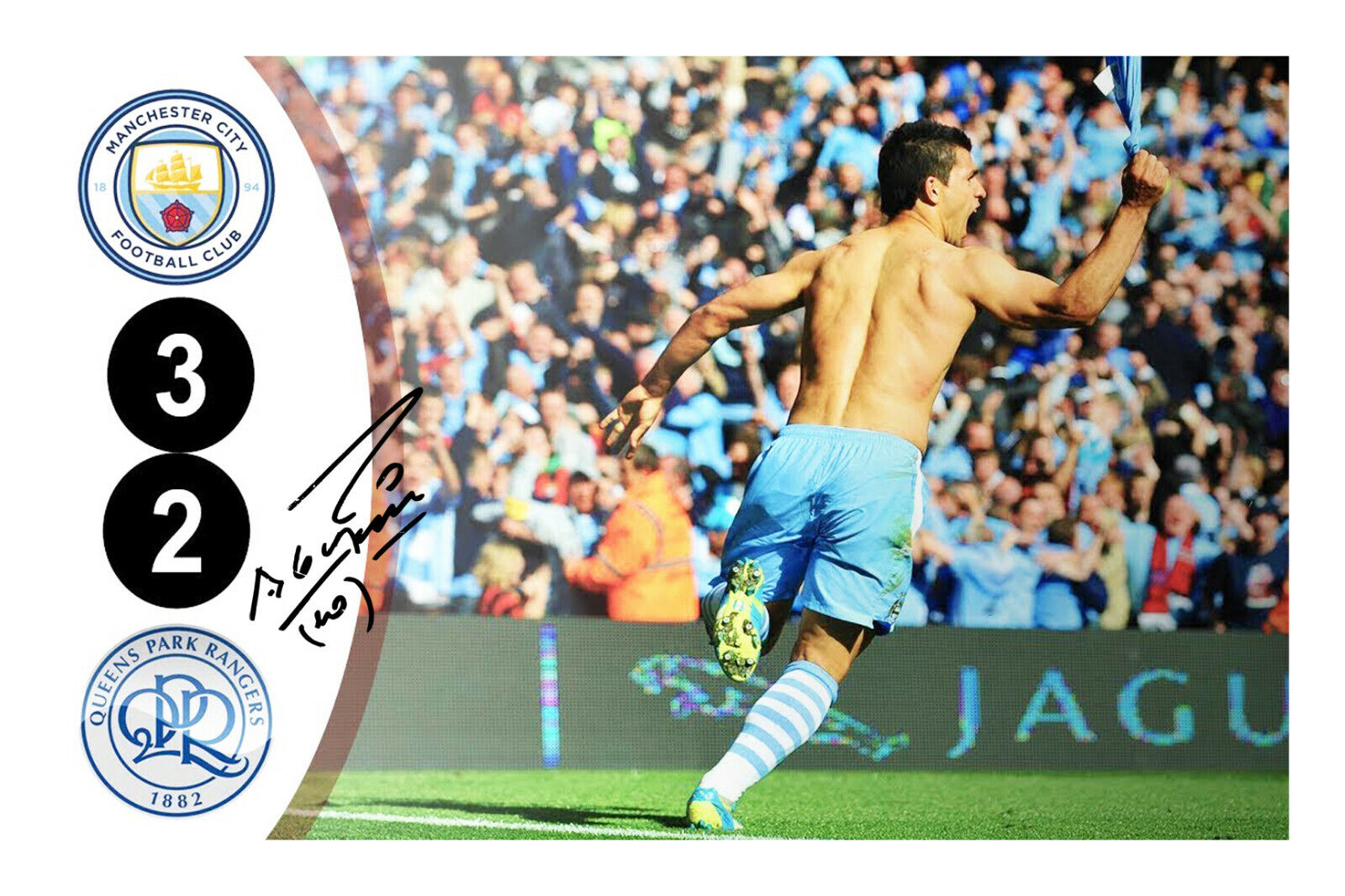 Sergio Aguero Signed Manchester City Photo Poster painting Man QPR 2012 Goal