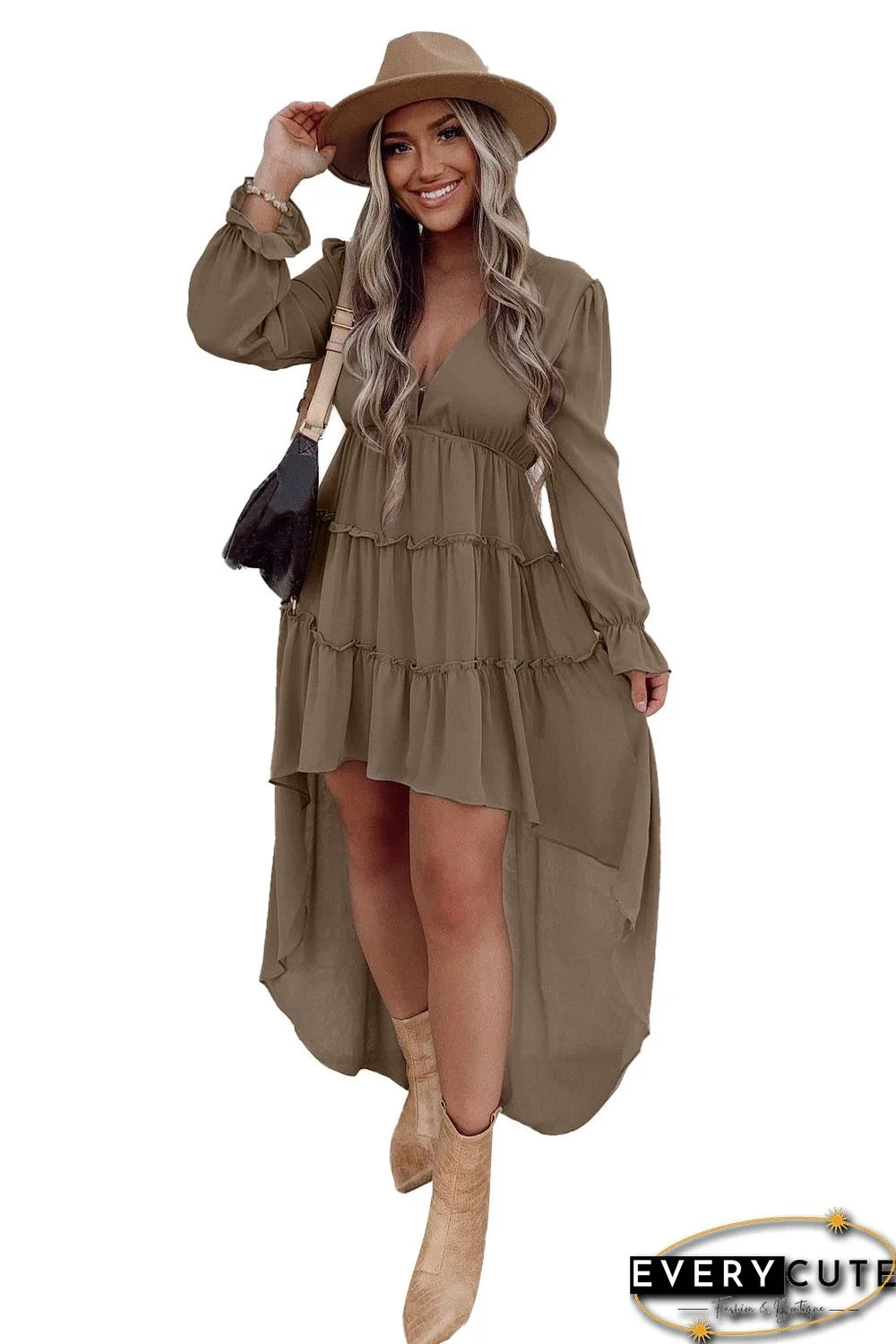 Khaki Tiered Ruffled High Low Long Sleeve Dress