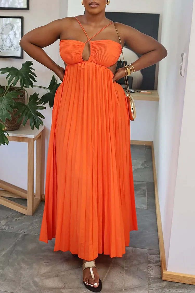 Plus Size Beach Orange Halter Collar Sundress Pleated Cut Out Maxi Dresses [Pre-Order] 2024 - Xpluswear