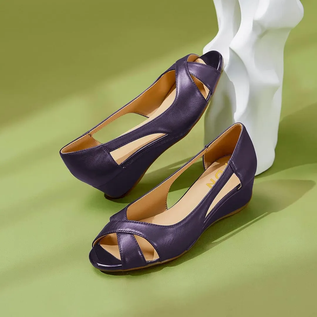 Purple Peep Toe Wedge Low Heel Cut Out Slip On Women's Sandals