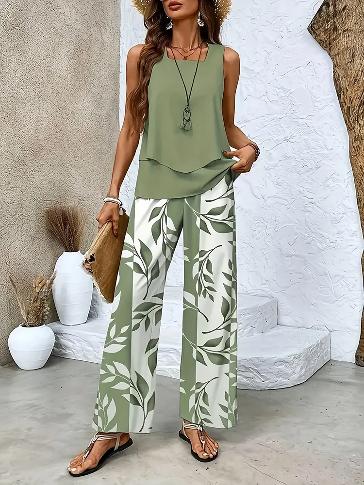 Hot Selling Sleeveless Double-Layer Vest And Wide Leg Pants Set For Spring, Summer, And Autumn In Europe And America