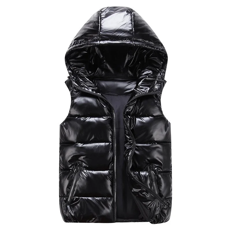 Black Vest Jacket Women Winter Hooded Sleeveless Coats For Women Short Bright Vest Cotton Padded Zipper Jacket Female Waistcoat