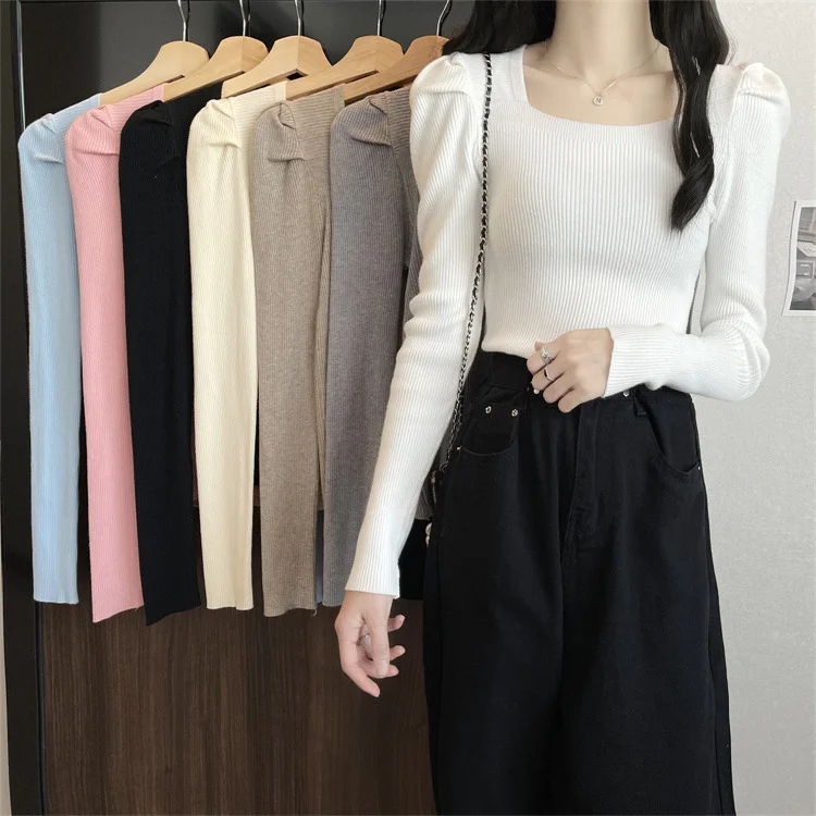 Brownm Brownm Collar Bottom Shirt Women's 2023 Autumn Winter New Knitting Low Coltleneck Sweater Short Black Bubble Sleeve Jacket Tide